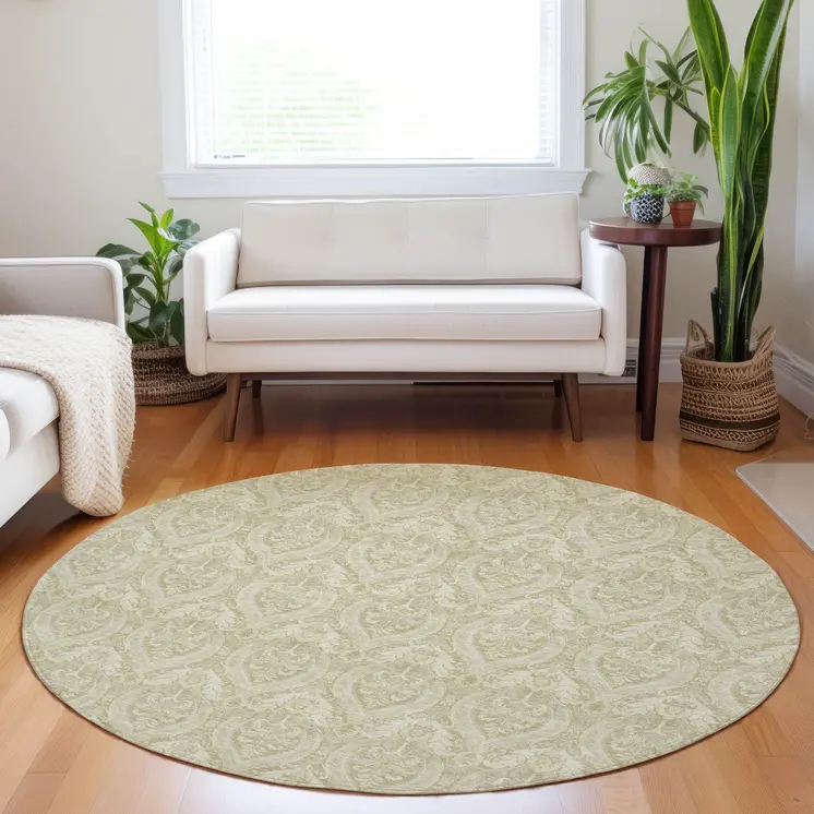 8' Round Light Green Round Damask Washable Non Skid Indoor Outdoor Area Rug