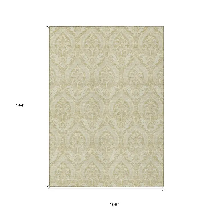 9' X 12' Light Green Damask Washable Non Skid Indoor Outdoor Area Rug