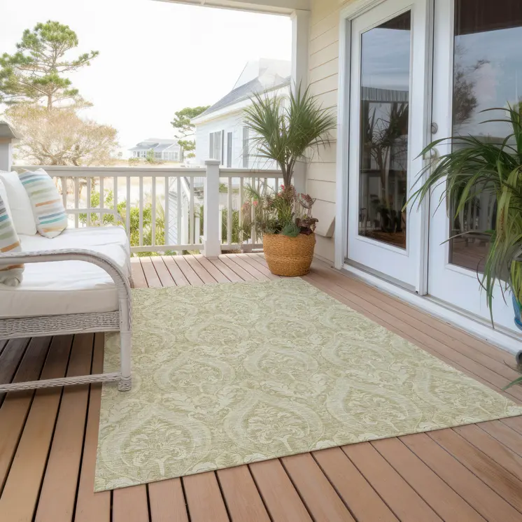 9' X 12' Light Green Damask Washable Non Skid Indoor Outdoor Area Rug