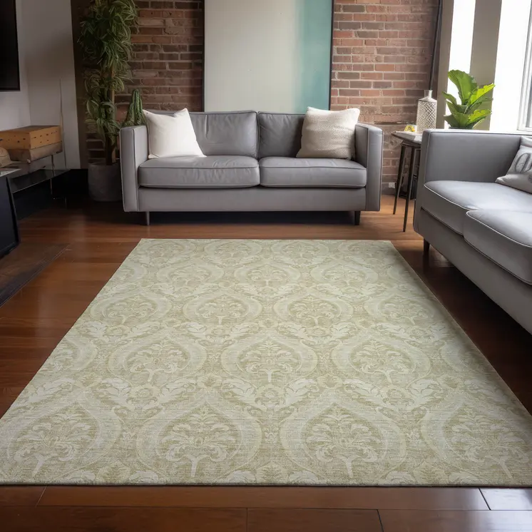 9' X 12' Light Green Damask Washable Non Skid Indoor Outdoor Area Rug