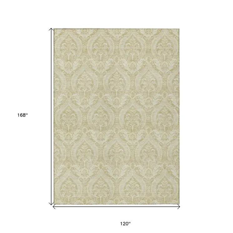10' X 14' Light Green Damask Washable Non Skid Indoor Outdoor Area Rug