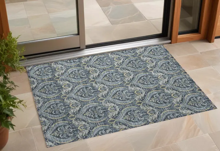 2' X 3' Blue and Cream Damask Washable Non Skid Indoor Outdoor Area Rug