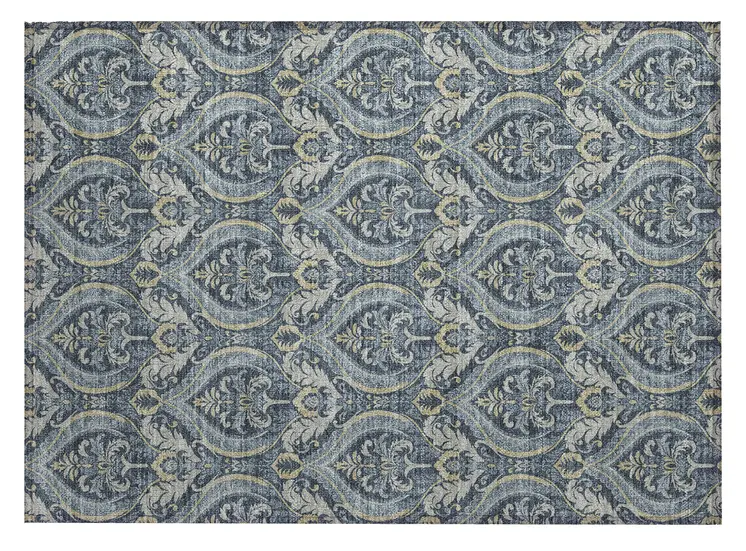 2' X 3' Blue and Cream Damask Washable Non Skid Indoor Outdoor Area Rug