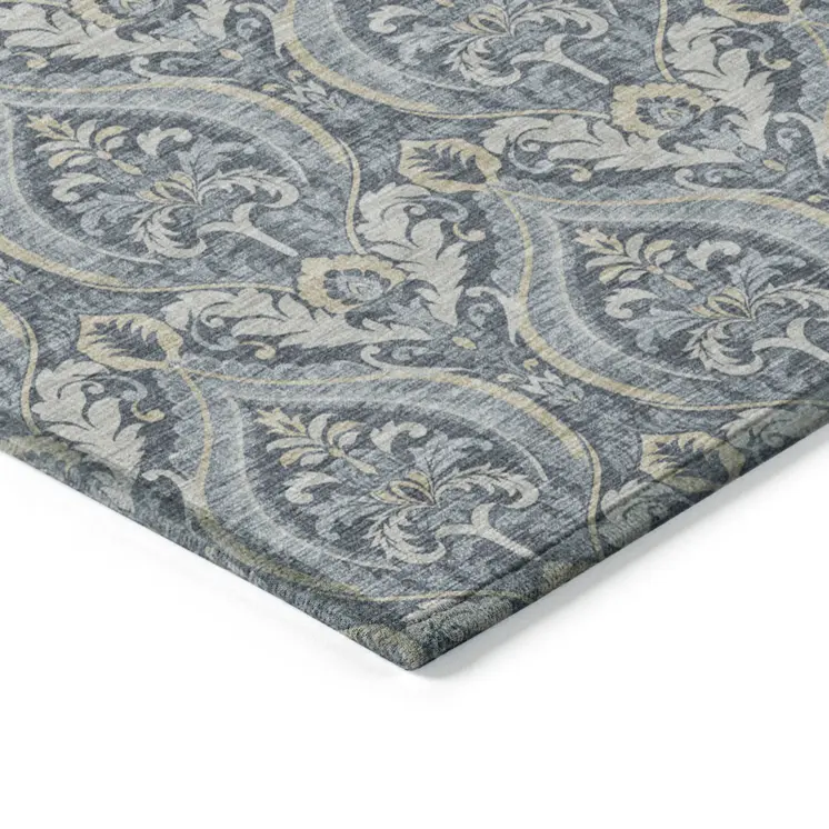2' X 3' Blue and Cream Damask Washable Non Skid Indoor Outdoor Area Rug