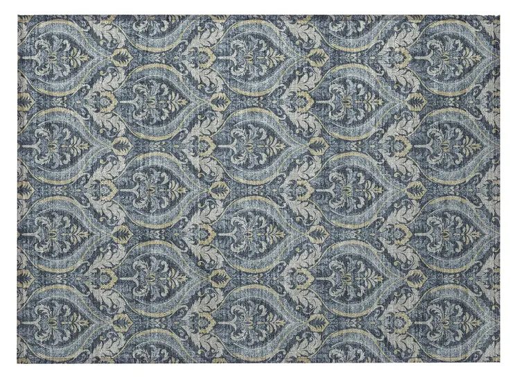 2' X 3' Blue and Cream Damask Washable Non Skid Indoor Outdoor Area Rug