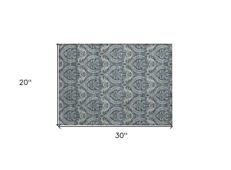 2' X 3' Blue and Cream Damask Washable Non Skid Indoor Outdoor Area Rug