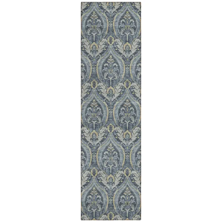 8' Runner Blue and Cream Damask Washable Non Skid Indoor Outdoor Runner Rug