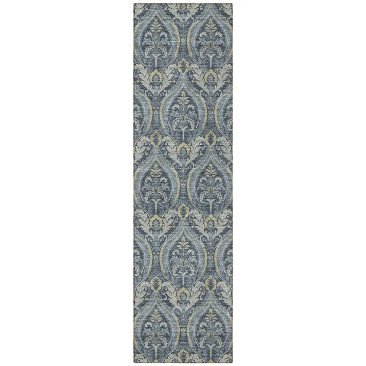 8' Runner Blue and Cream Damask Washable Non Skid Indoor Outdoor Runner Rug