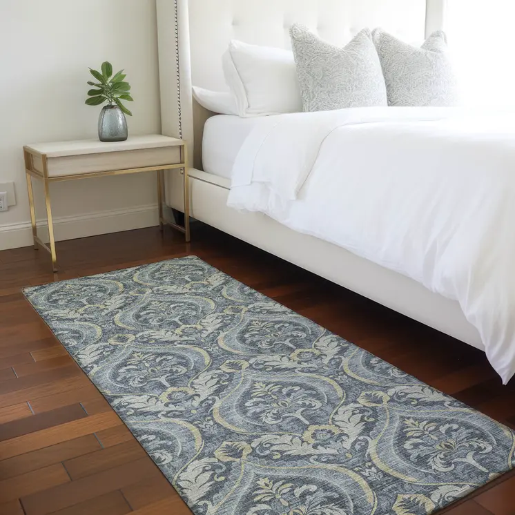 8' Runner Blue and Cream Damask Washable Non Skid Indoor Outdoor Runner Rug