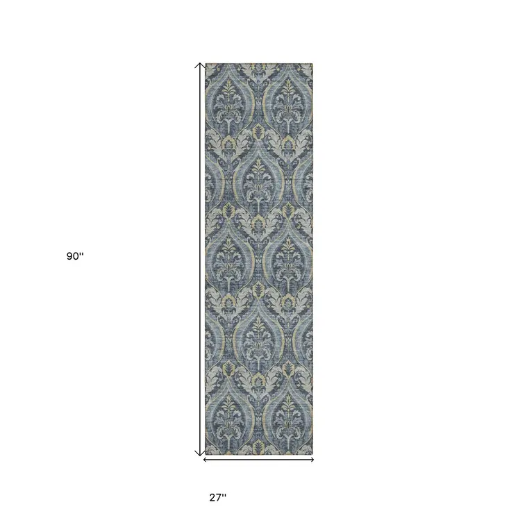 8' Runner Blue and Cream Damask Washable Non Skid Indoor Outdoor Runner Rug