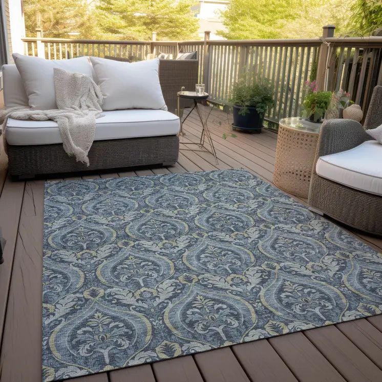3' X 5' Blue and Cream Damask Washable Non Skid Indoor Outdoor Area Rug