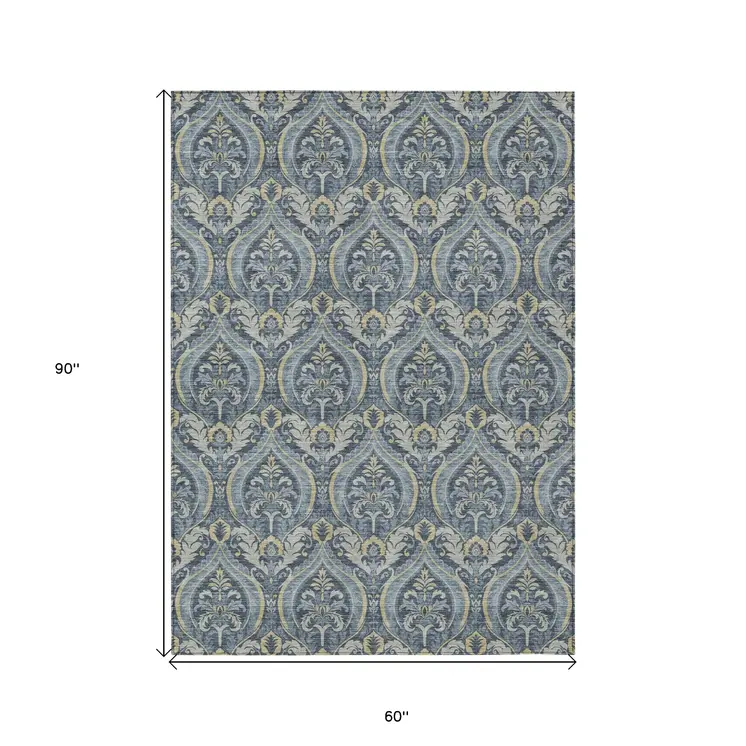 5' X 8' Blue and Cream Damask Washable Non Skid Indoor Outdoor Area Rug