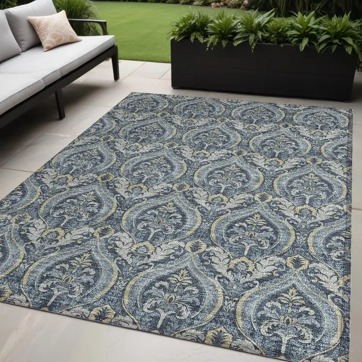 5' X 8' Blue and Cream Damask Washable Non Skid Indoor Outdoor Area Rug
