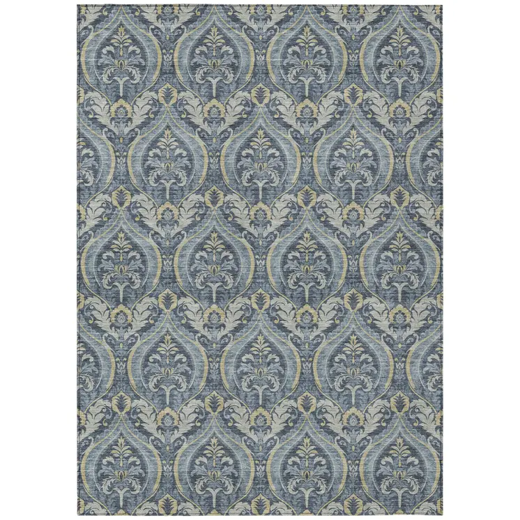 5' X 8' Blue and Cream Damask Washable Non Skid Indoor Outdoor Area Rug