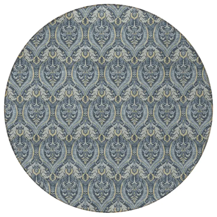 8' Round Blue and Cream Round Damask Washable Non Skid Indoor Outdoor Area Rug
