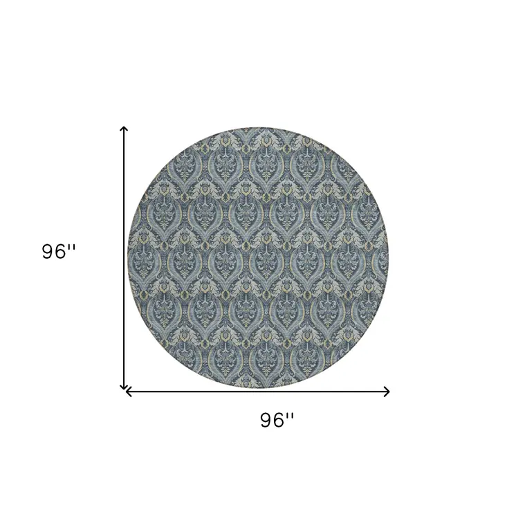 8' Round Blue and Cream Round Damask Washable Non Skid Indoor Outdoor Area Rug