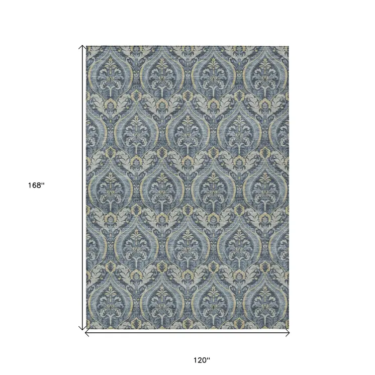 10' X 14' Blue and Cream Damask Washable Non Skid Indoor Outdoor Area Rug