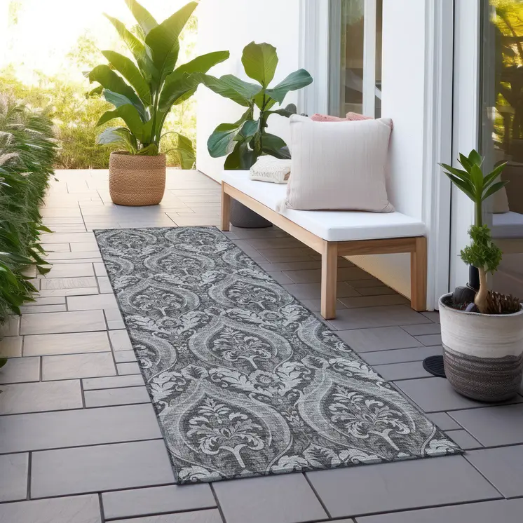 8' Runner Gray Damask Washable Non Skid Indoor Outdoor Runner Rug