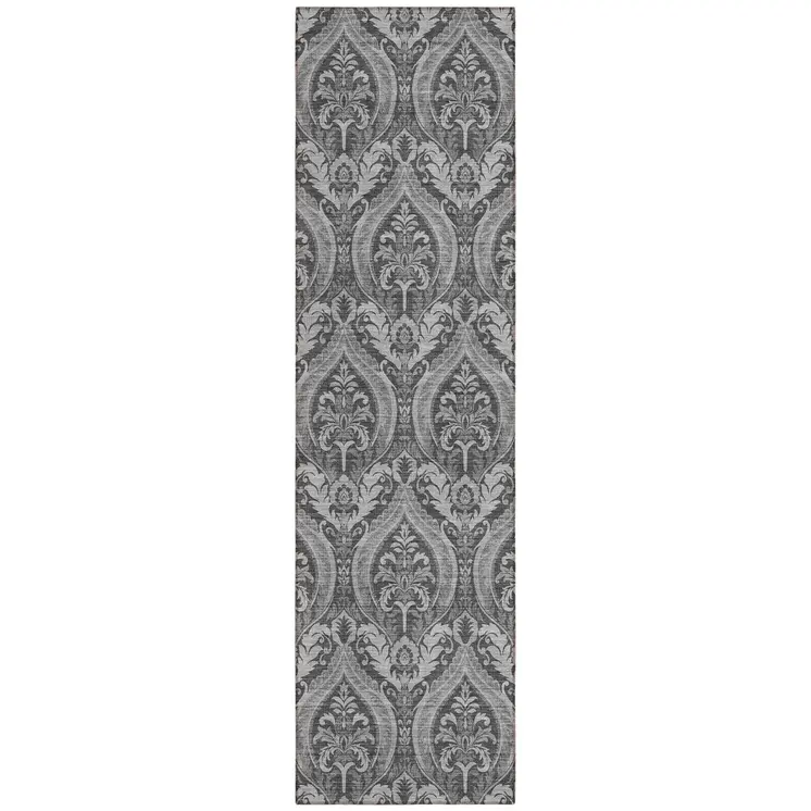 8' Runner Gray Damask Washable Non Skid Indoor Outdoor Runner Rug