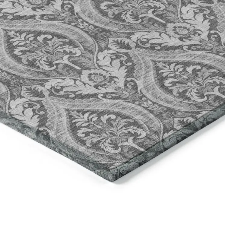 8' Runner Gray Damask Washable Non Skid Indoor Outdoor Runner Rug