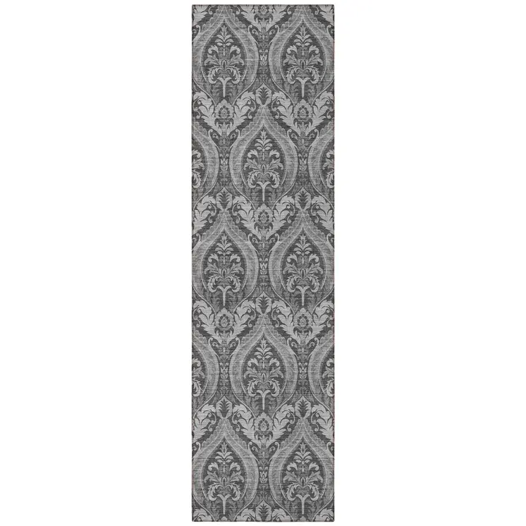 8' Runner Gray Damask Washable Non Skid Indoor Outdoor Runner Rug