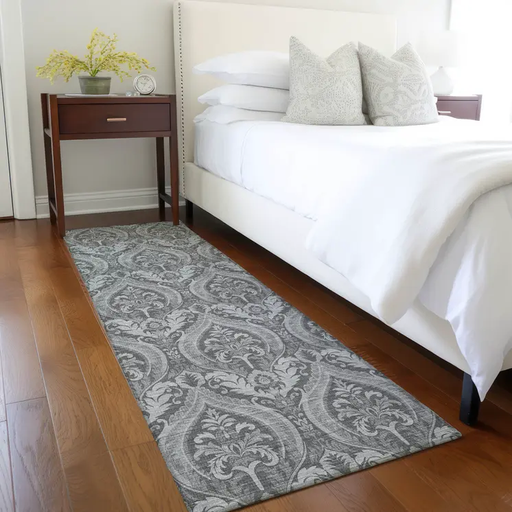 8' Runner Gray Damask Washable Non Skid Indoor Outdoor Runner Rug