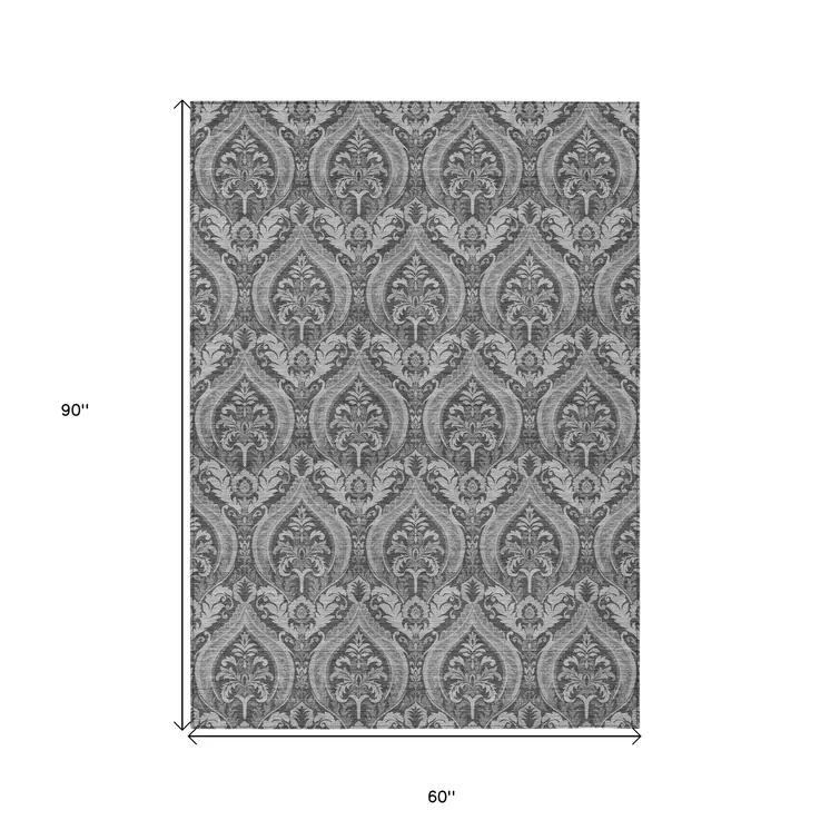 5' X 8' Gray Damask Washable Non Skid Indoor Outdoor Area Rug