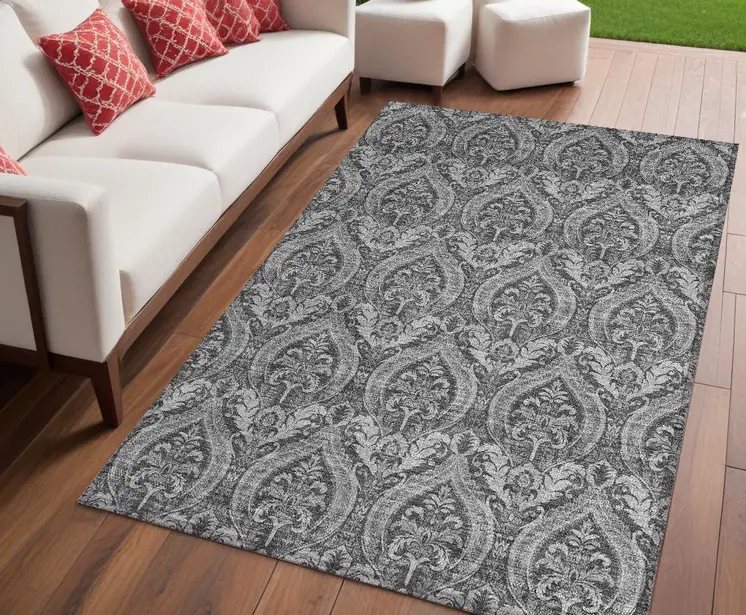 5' X 8' Gray Damask Washable Non Skid Indoor Outdoor Area Rug