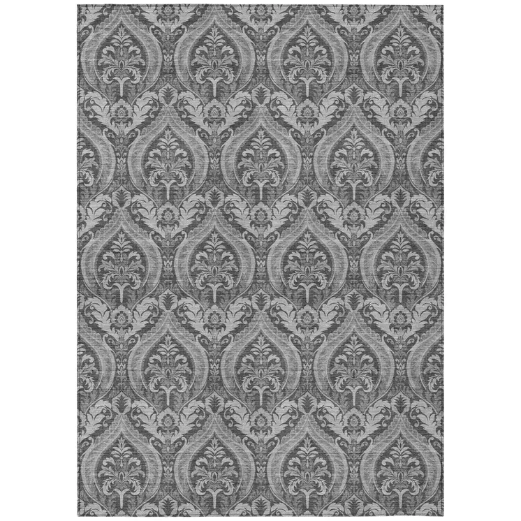 5' X 8' Gray Damask Washable Non Skid Indoor Outdoor Area Rug