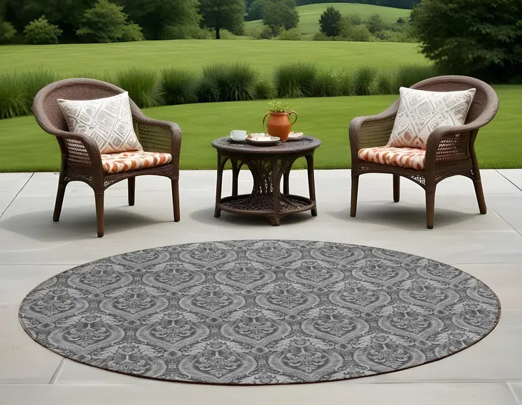 8' Round Gray Round Damask Washable Non Skid Indoor Outdoor Area Rug