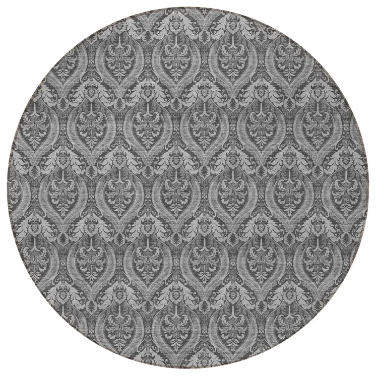 8' Round Gray Round Damask Washable Non Skid Indoor Outdoor Area Rug