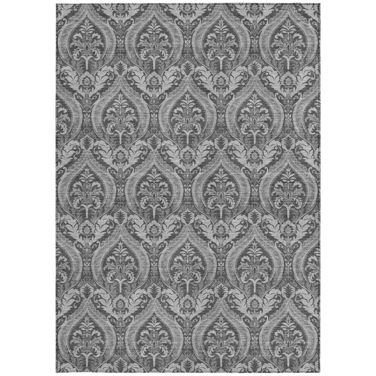 10' X 14' Gray Damask Washable Non Skid Indoor Outdoor Area Rug