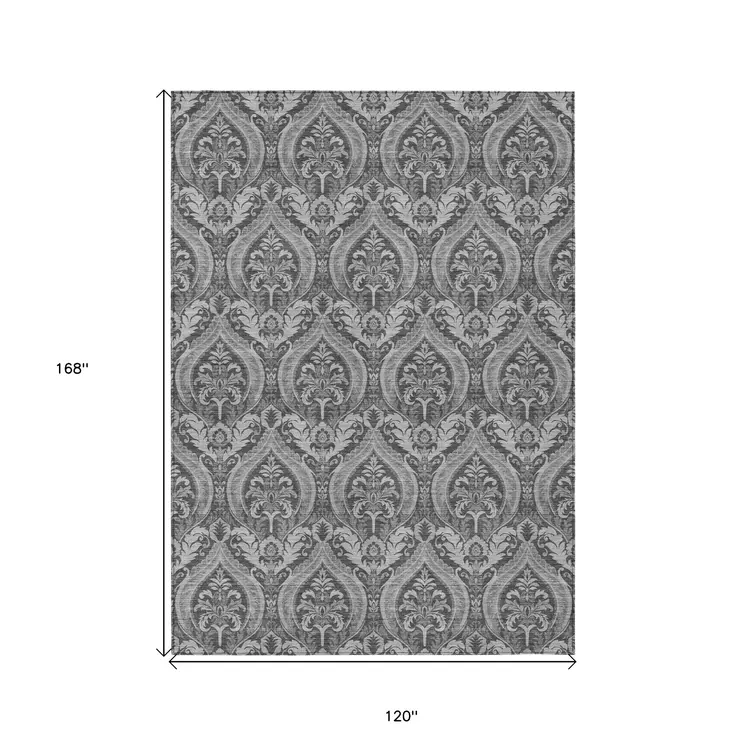 10' X 14' Gray Damask Washable Non Skid Indoor Outdoor Area Rug