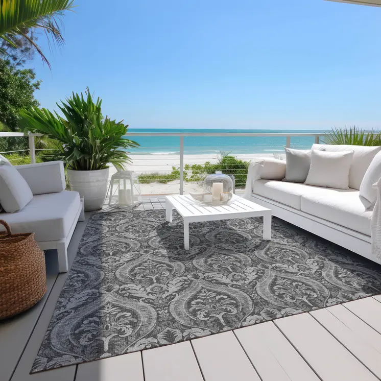 10' X 14' Gray Damask Washable Non Skid Indoor Outdoor Area Rug