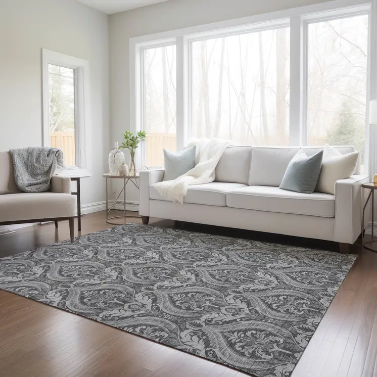 10' X 14' Gray Damask Washable Non Skid Indoor Outdoor Area Rug