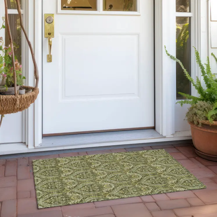 2' X 3' Green Damask Washable Non Skid Indoor Outdoor Area Rug