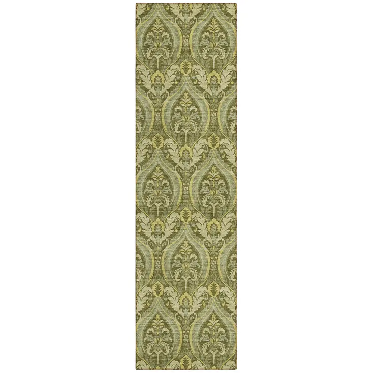 8' Runner Green Damask Washable Non Skid Indoor Outdoor Runner Rug