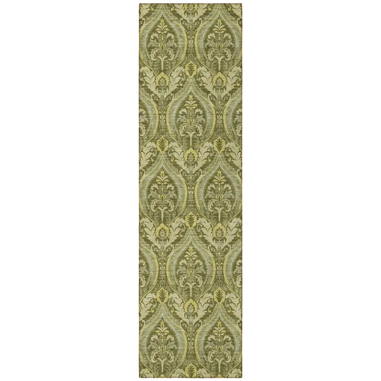 8' Runner Green Damask Washable Non Skid Indoor Outdoor Runner Rug