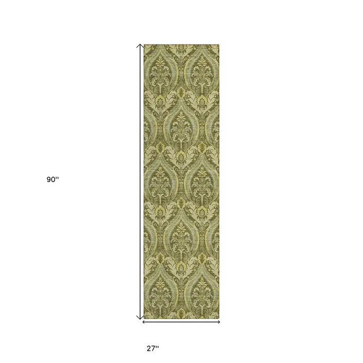 8' Runner Green Damask Washable Non Skid Indoor Outdoor Runner Rug