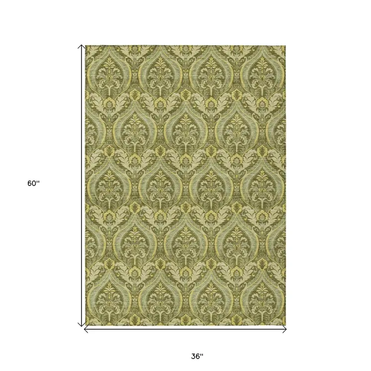 3' X 5' Green Damask Washable Non Skid Indoor Outdoor Area Rug