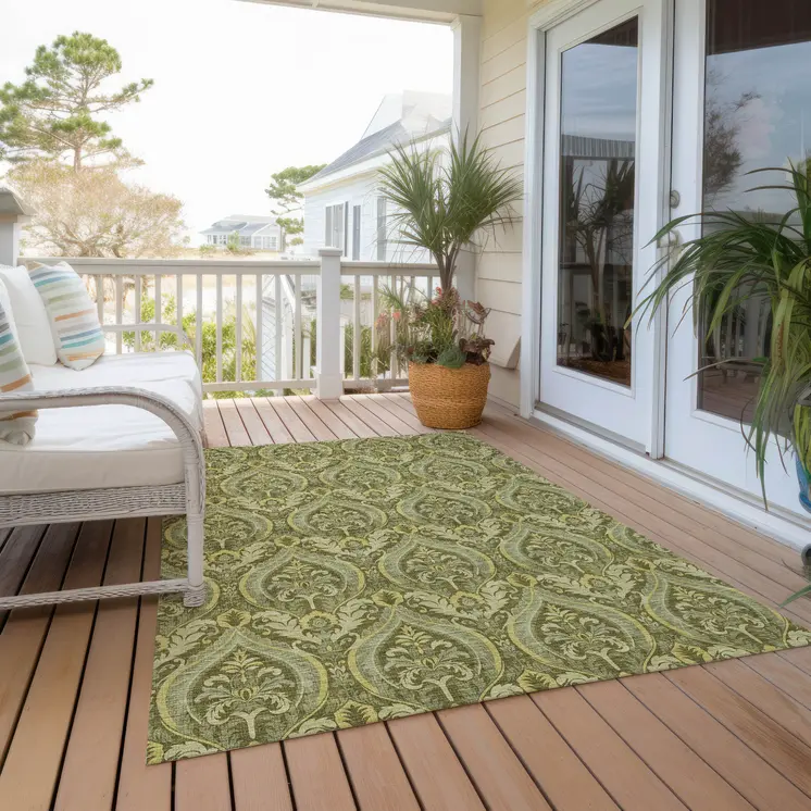 3' X 5' Green Damask Washable Non Skid Indoor Outdoor Area Rug