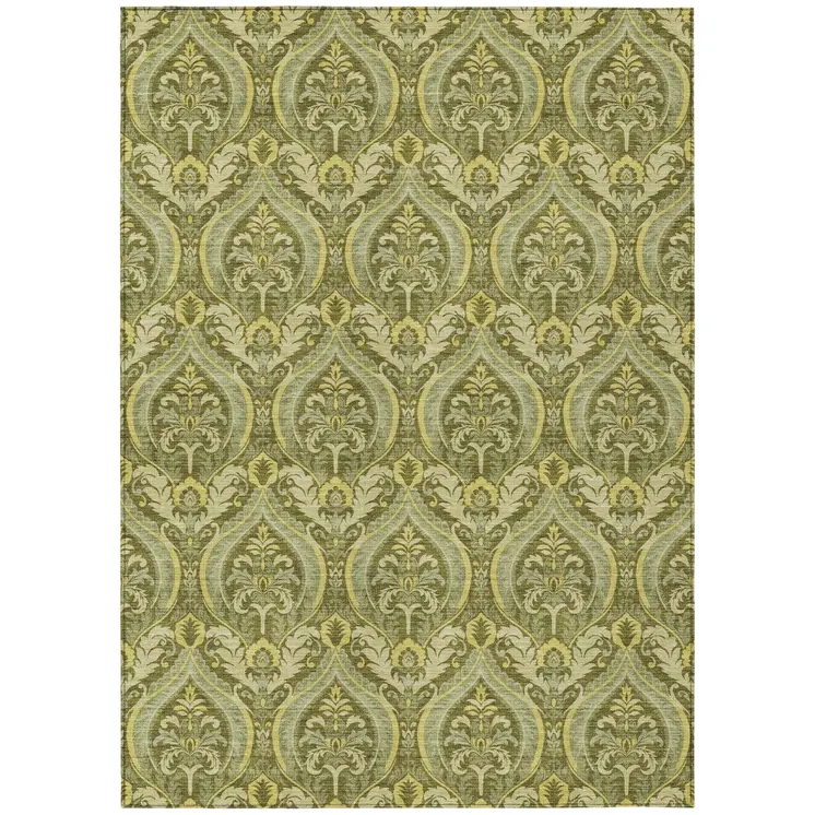 3' X 5' Green Damask Washable Non Skid Indoor Outdoor Area Rug