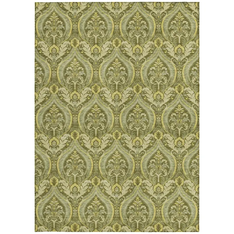 3' X 5' Green Damask Washable Non Skid Indoor Outdoor Area Rug