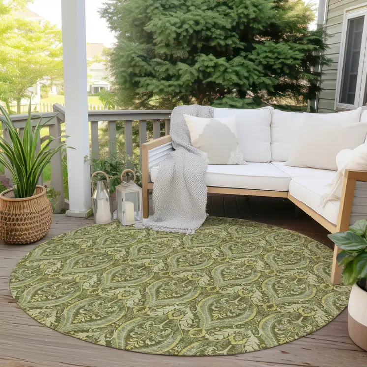 8' Round Green Round Damask Washable Non Skid Indoor Outdoor Area Rug
