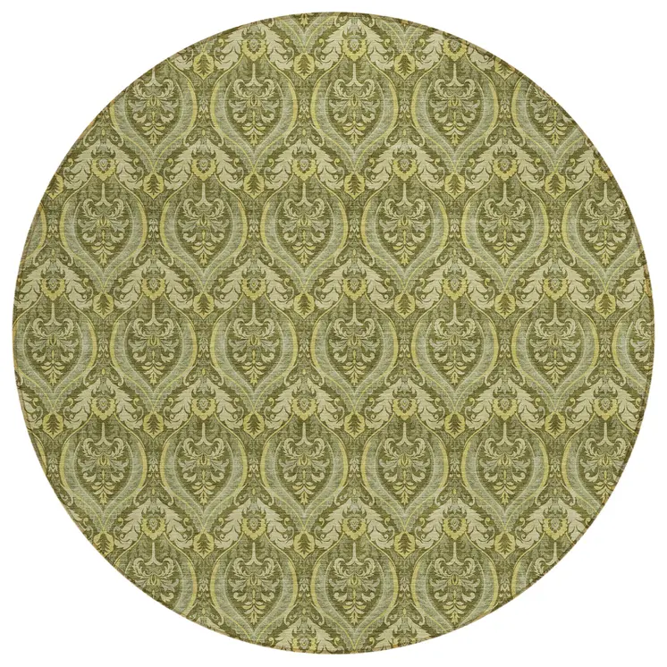 8' Round Green Round Damask Washable Non Skid Indoor Outdoor Area Rug