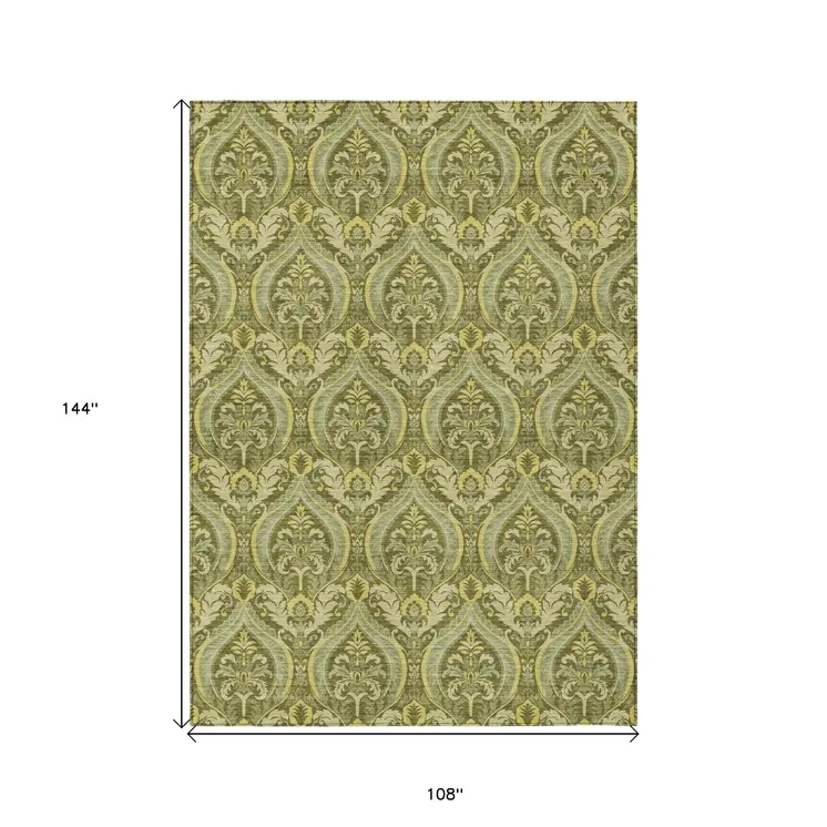 9' X 12' Green Damask Washable Non Skid Indoor Outdoor Area Rug