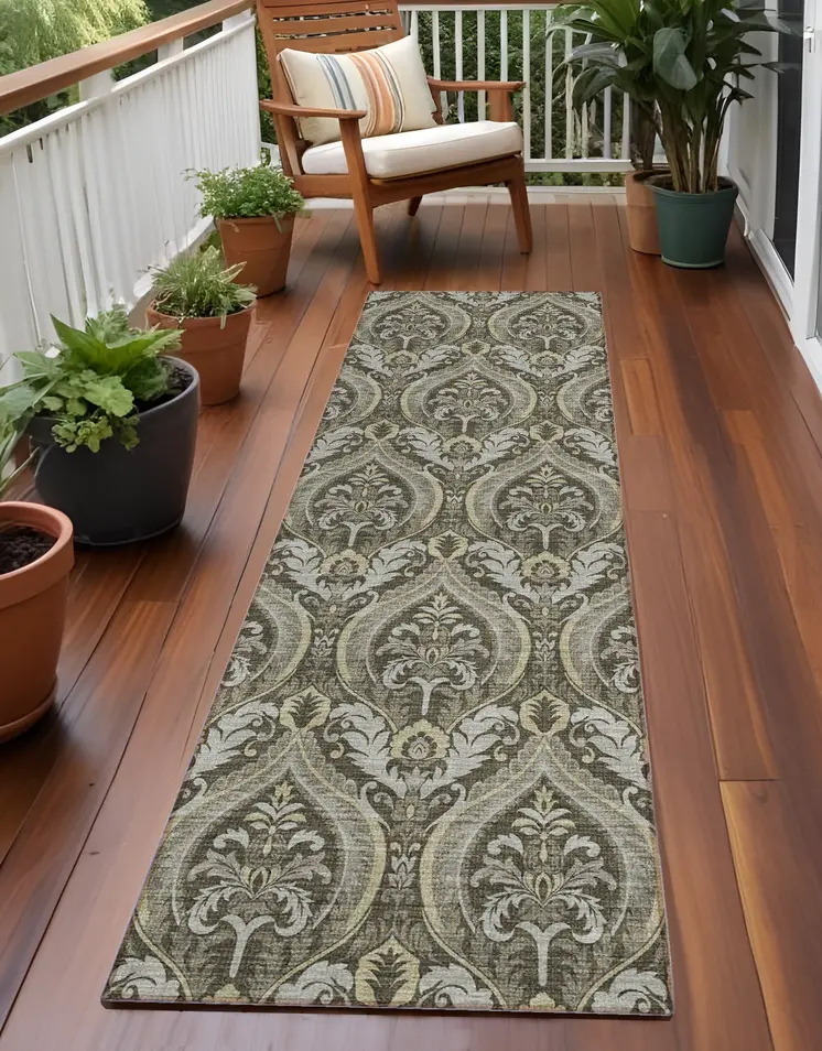 8' Taupe And Beige Damask Washable Indoor Outdoor Runner Rug