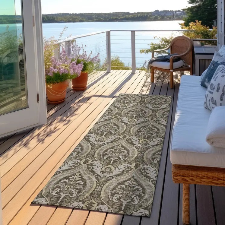 8' Taupe And Beige Damask Washable Indoor Outdoor Runner Rug