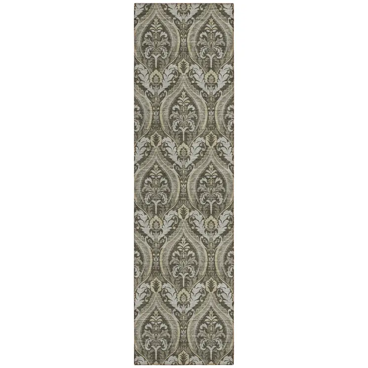 8' Taupe And Beige Damask Washable Indoor Outdoor Runner Rug