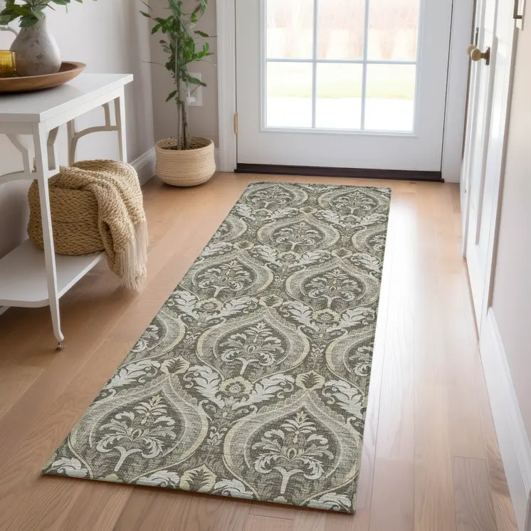 8' Taupe And Beige Damask Washable Indoor Outdoor Runner Rug